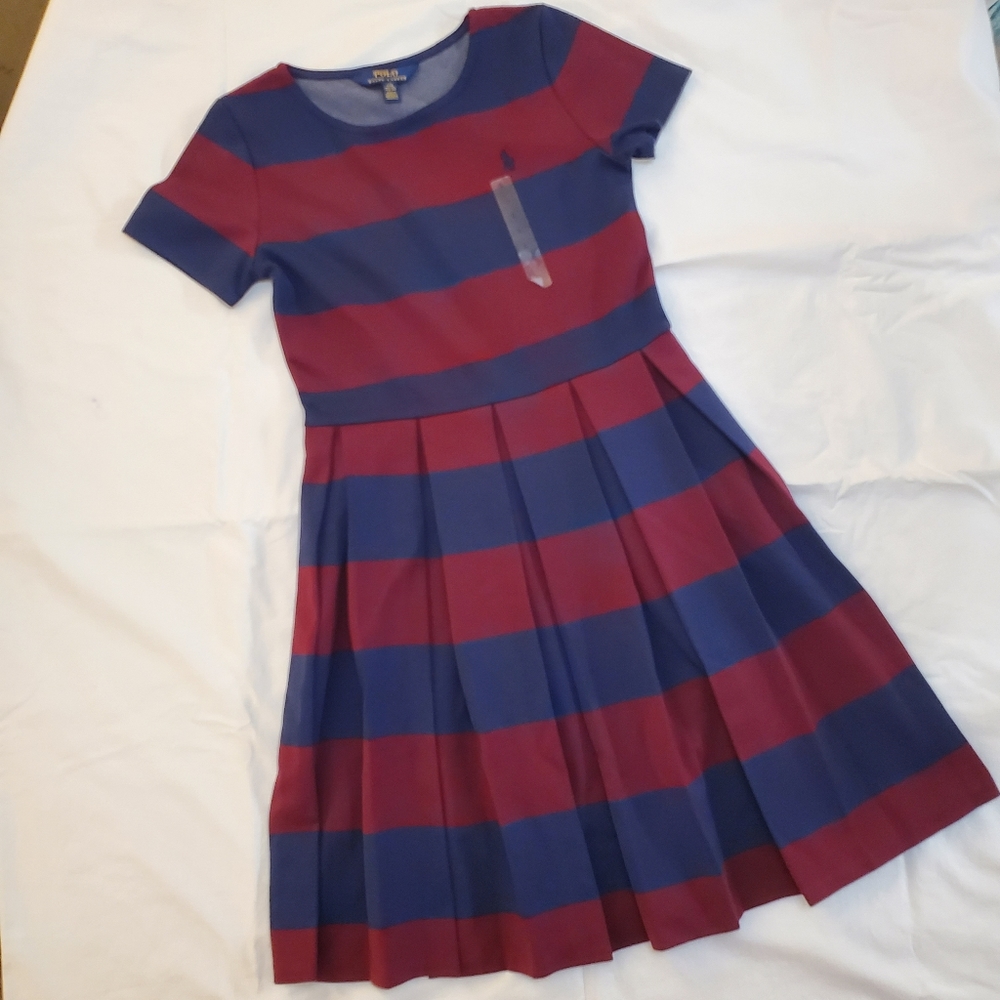 NEW Girl Polo Ralph Lauren Short Sleeve Striped  Pleated Dress Size L 12-14